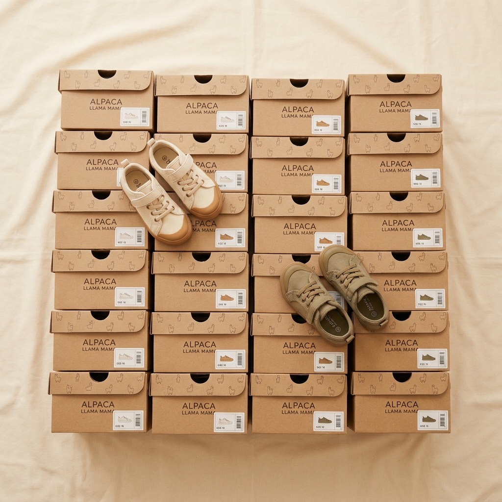 A 30-pair ALPACA LLAMA MAMA classroom bundle of neatly stacked branded shoe boxes with size labels