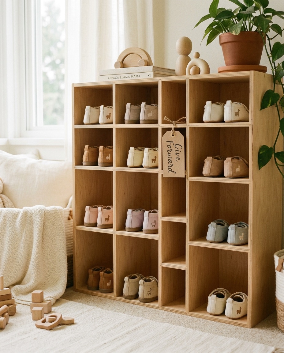 A warm wooden school cubby filled with spare ALPACA LLAMA MAMA kids shoes beside a hand-lettered Give Forward tag