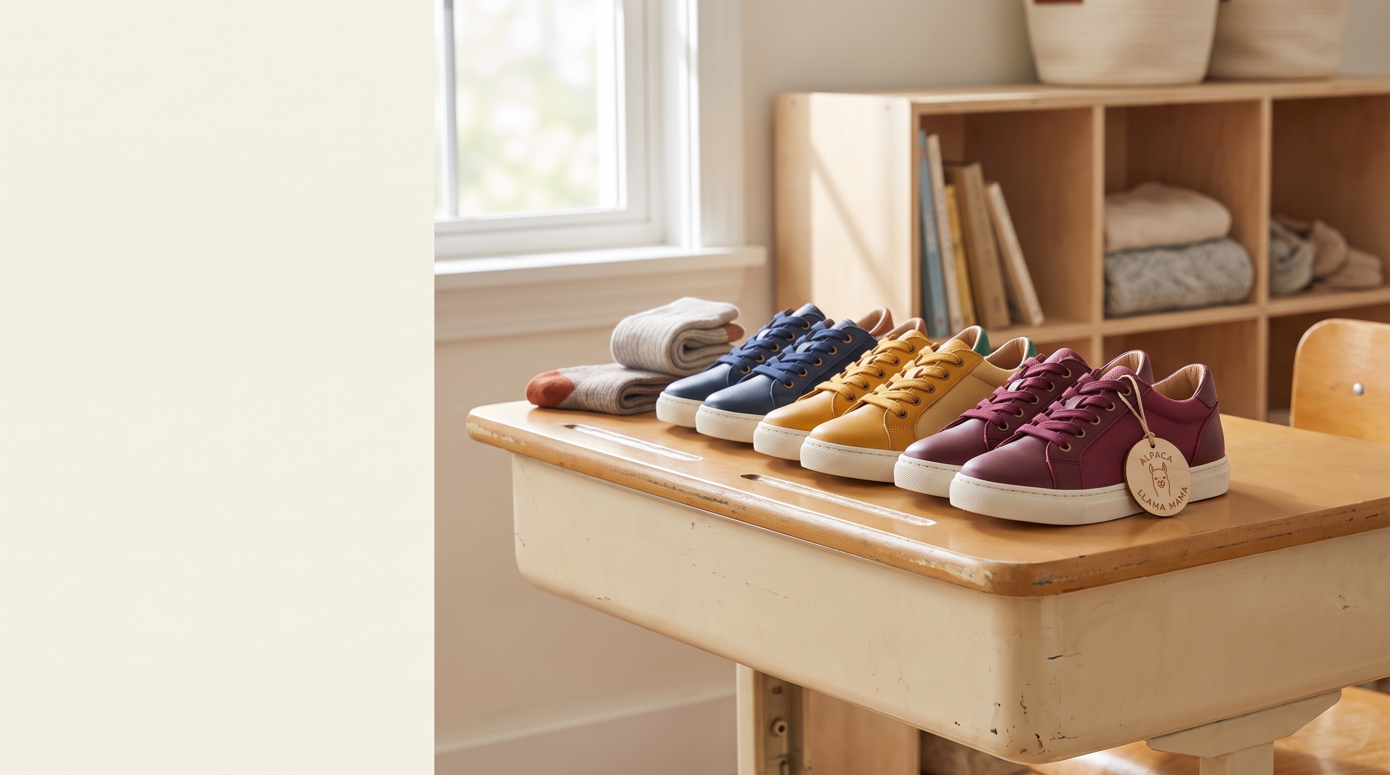 A row of colorful ALPACA LLAMA MAMA school sneakers on a warm wooden classroom desk by a sunny window