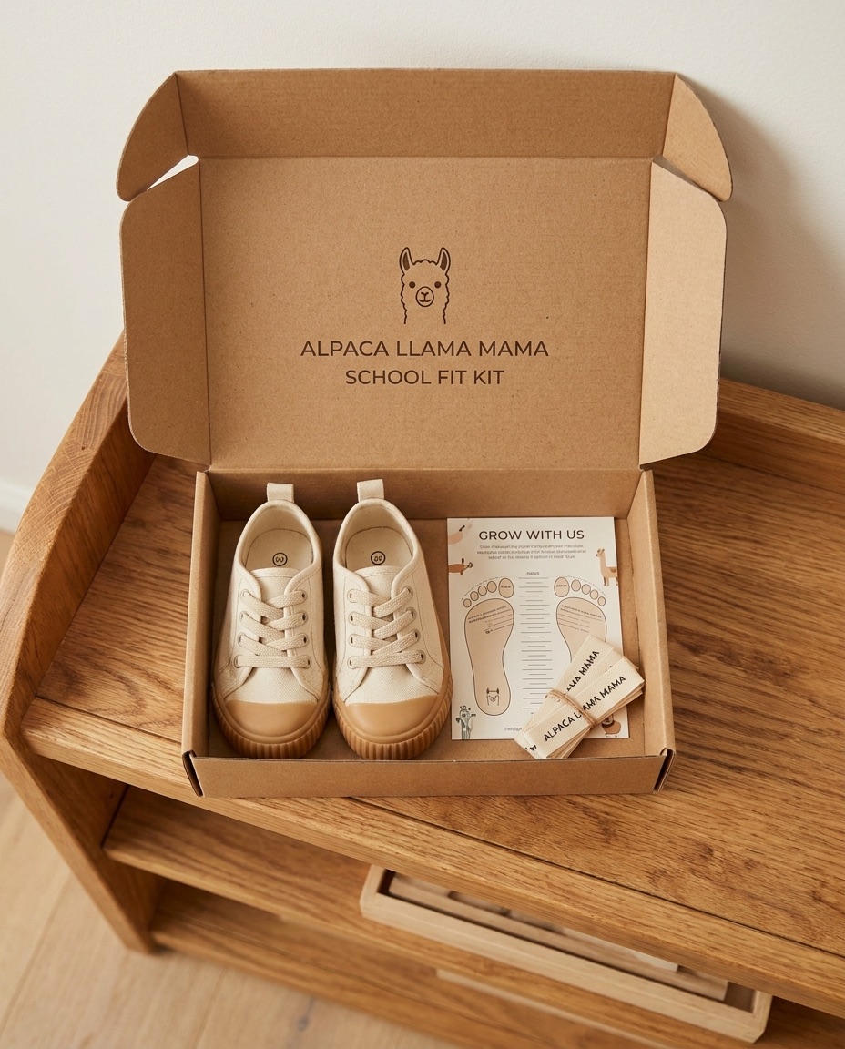 An open ALPACA LLAMA MAMA school fit kit box with sample sneakers, a foot-measuring card, and classroom labels